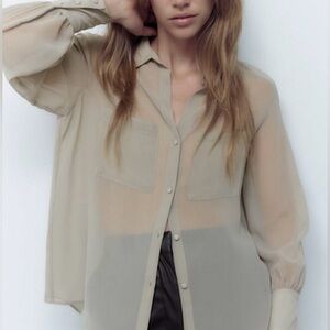 Zara- NWOT Patch Pocket Semi-Sheer Blouse
